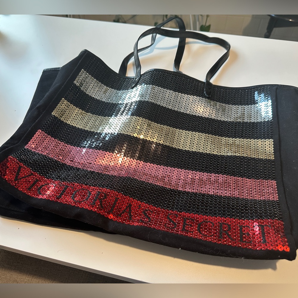 Victoria's Secret Pink Red golGold and Silver Sequin Tote Bag 15x12x6 Inches